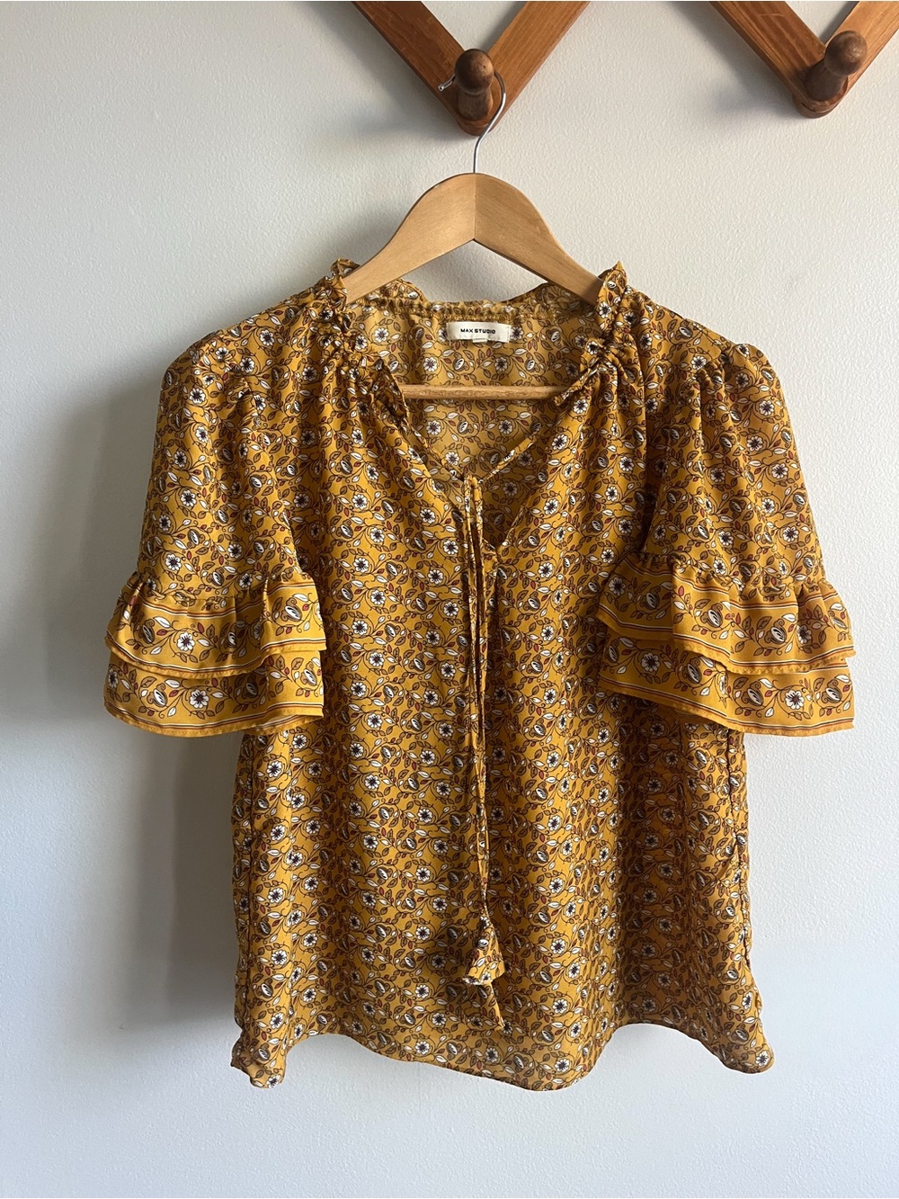 Max Studio Mustard Floral Tie-Front Ruffle Blouse